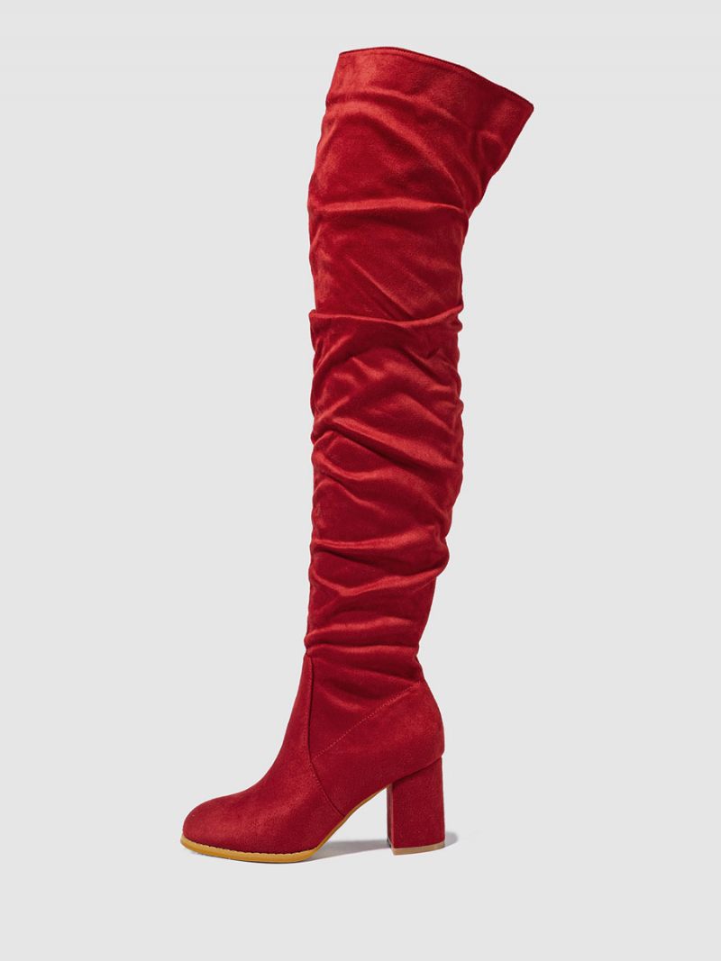 Bottes Au-dessus Du Genou Micro-daim À Talons Épais Pour Femmes - Rouge