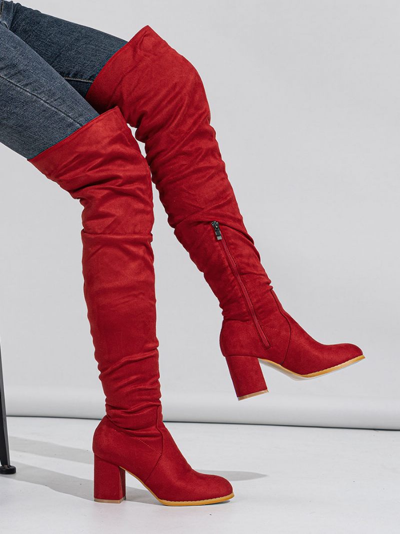 Bottes Au-dessus Du Genou Micro-daim À Talons Épais Pour Femmes - Rouge