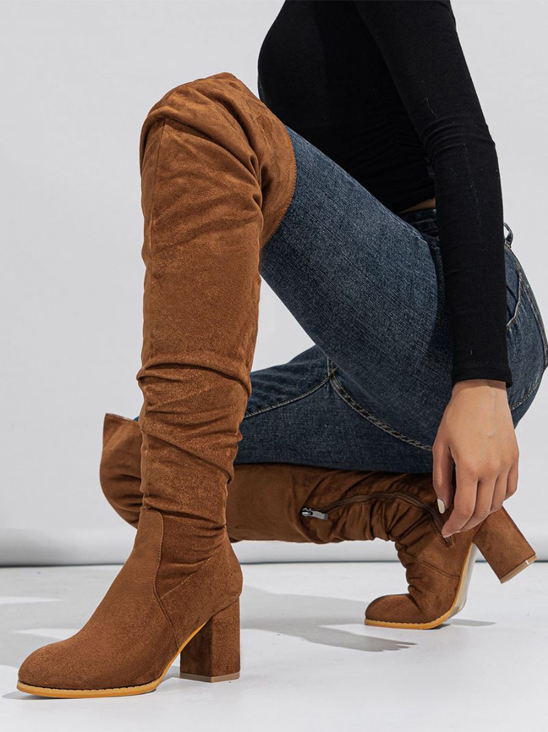 Bottes Au-dessus Du Genou Micro-daim À Talons Épais Pour Femmes - Marron Café