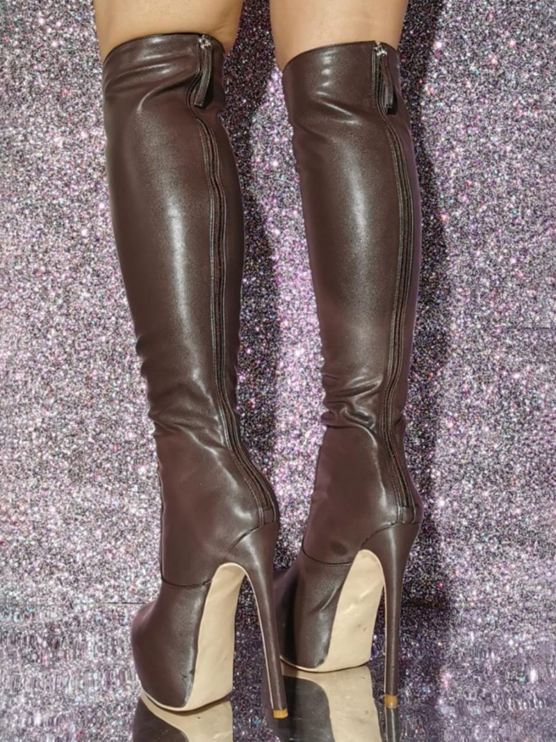 Bottes Au Genou Sexy À Talons Hauts Et Plateforme Marron Pour Femmes - Brun Foncé