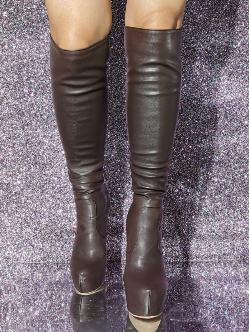 Bottes Au Genou Sexy À Talons Hauts Et Plateforme Marron Pour Femmes - Brun Foncé