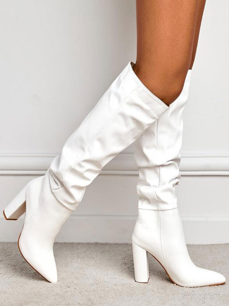 Bottes Au Genou Souples À Talons Épais Pour Femmes - Blanc