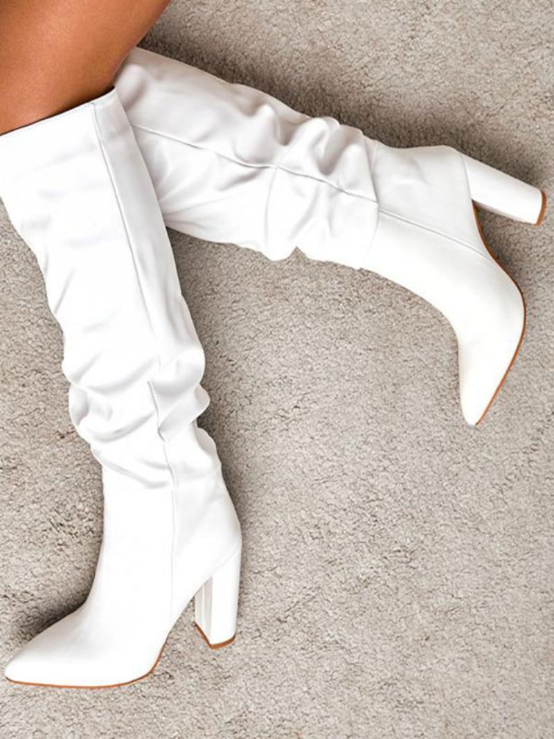 Bottes Au Genou Souples À Talons Épais Pour Femmes - Blanc