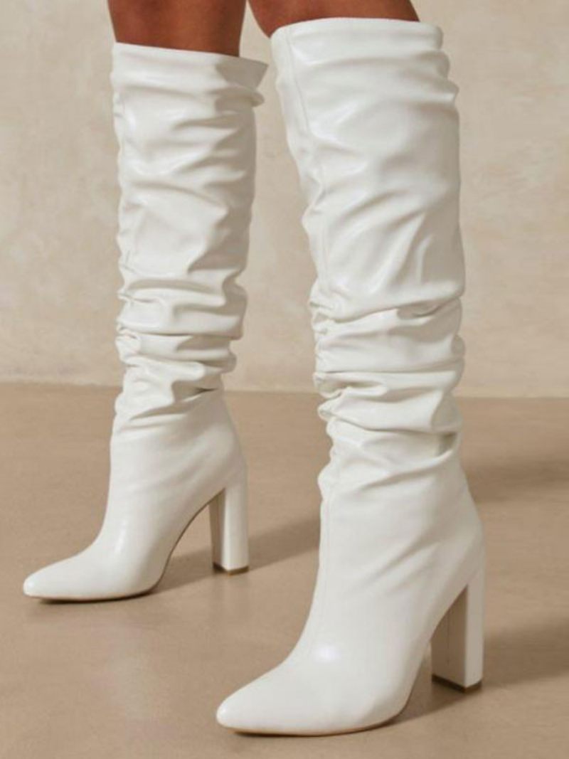 Bottes Au Genou À Talons Épais Pour Femmes - Blanc