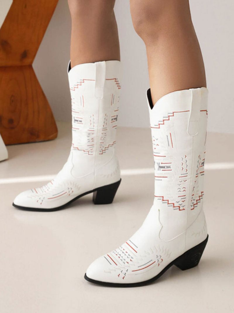 Bottes Blanches Pour Femmes Cuir Pu Bout Pointu Cowboy Mi-mollet Chaussures Mariage Cowgirl