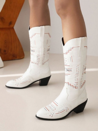 Bottes Blanches Pour Femmes Cuir Pu Bout Pointu Cowboy Mi-mollet Chaussures Mariage Cowgirl