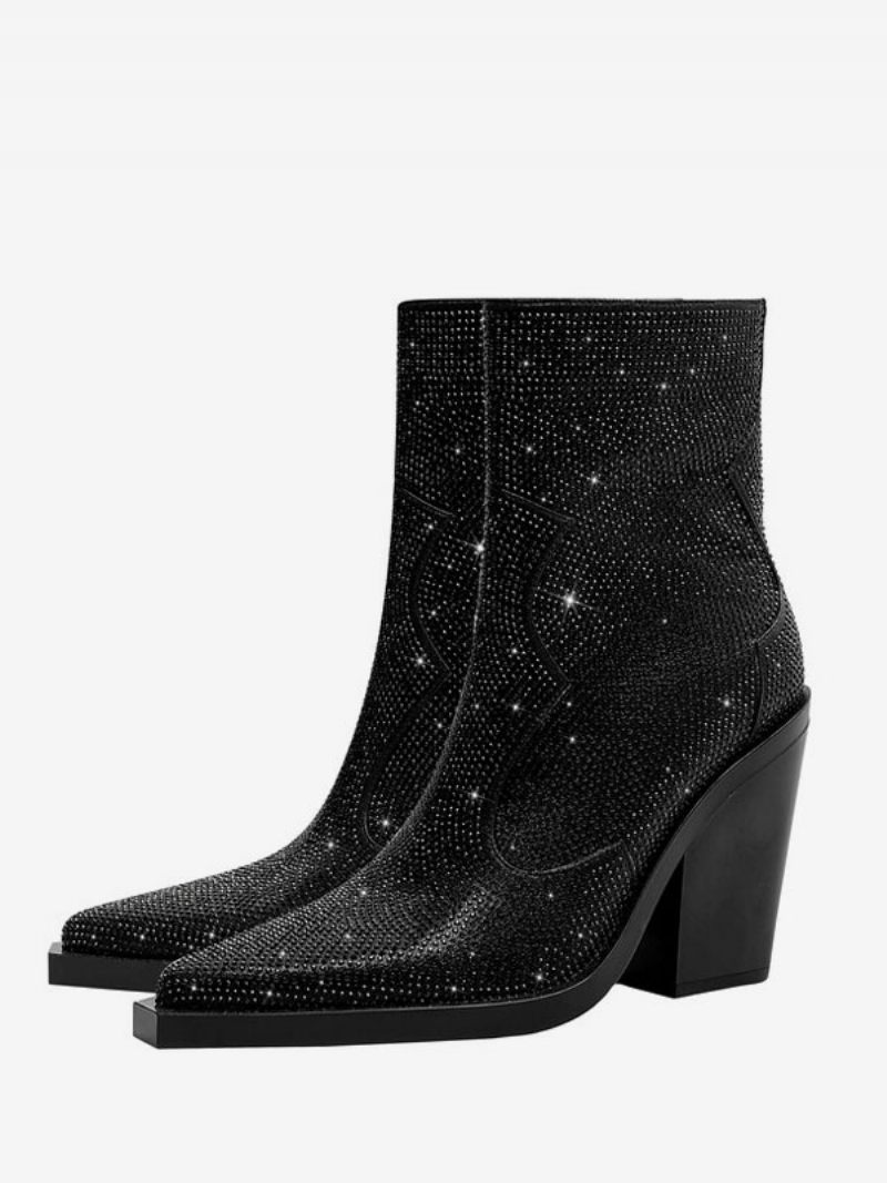 Bottes Cow-girl Noires Pour Femmes Occidentales Cuir Pu À Bout Pointu Et Talon Bloc Avec Strass - Noir