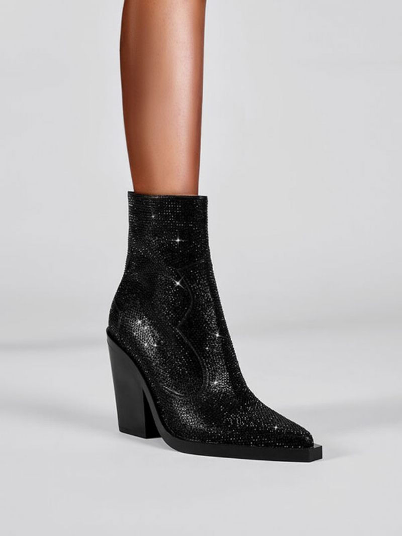 Bottes Cow-girl Noires Pour Femmes Occidentales Cuir Pu À Bout Pointu Et Talon Bloc Avec Strass - Noir