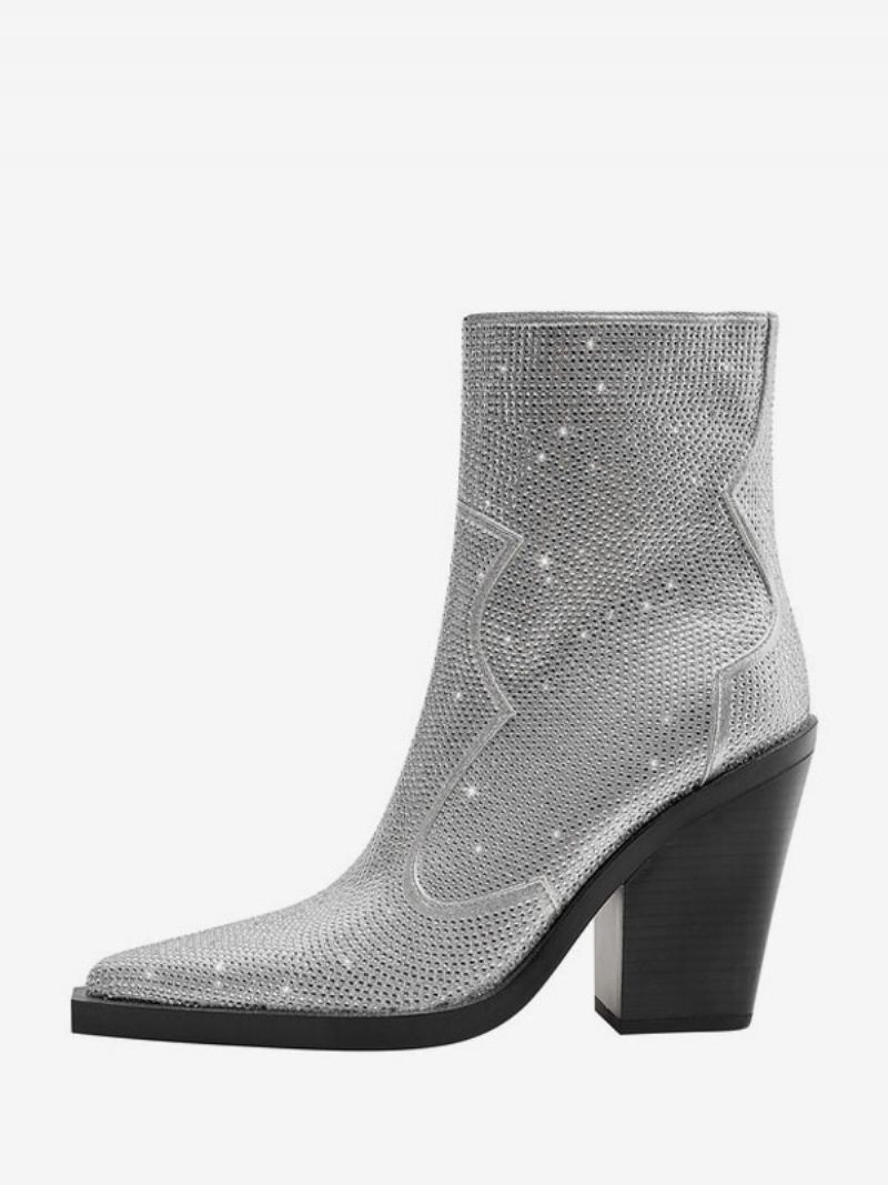 Bottes Cow-girl Noires Pour Femmes Occidentales Cuir Pu À Bout Pointu Et Talon Bloc Avec Strass - Argent