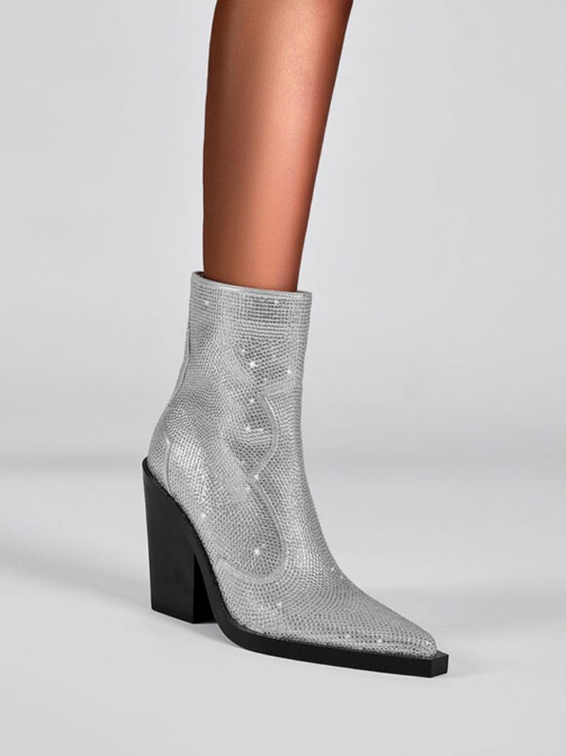 Bottes Cow-girl Noires Pour Femmes Occidentales Cuir Pu À Bout Pointu Et Talon Bloc Avec Strass - Argent