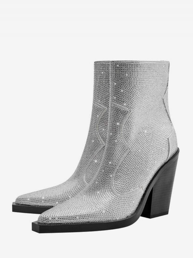 Bottes Cow-girl Noires Pour Femmes Occidentales Cuir Pu À Bout Pointu Et Talon Bloc Avec Strass - Argent