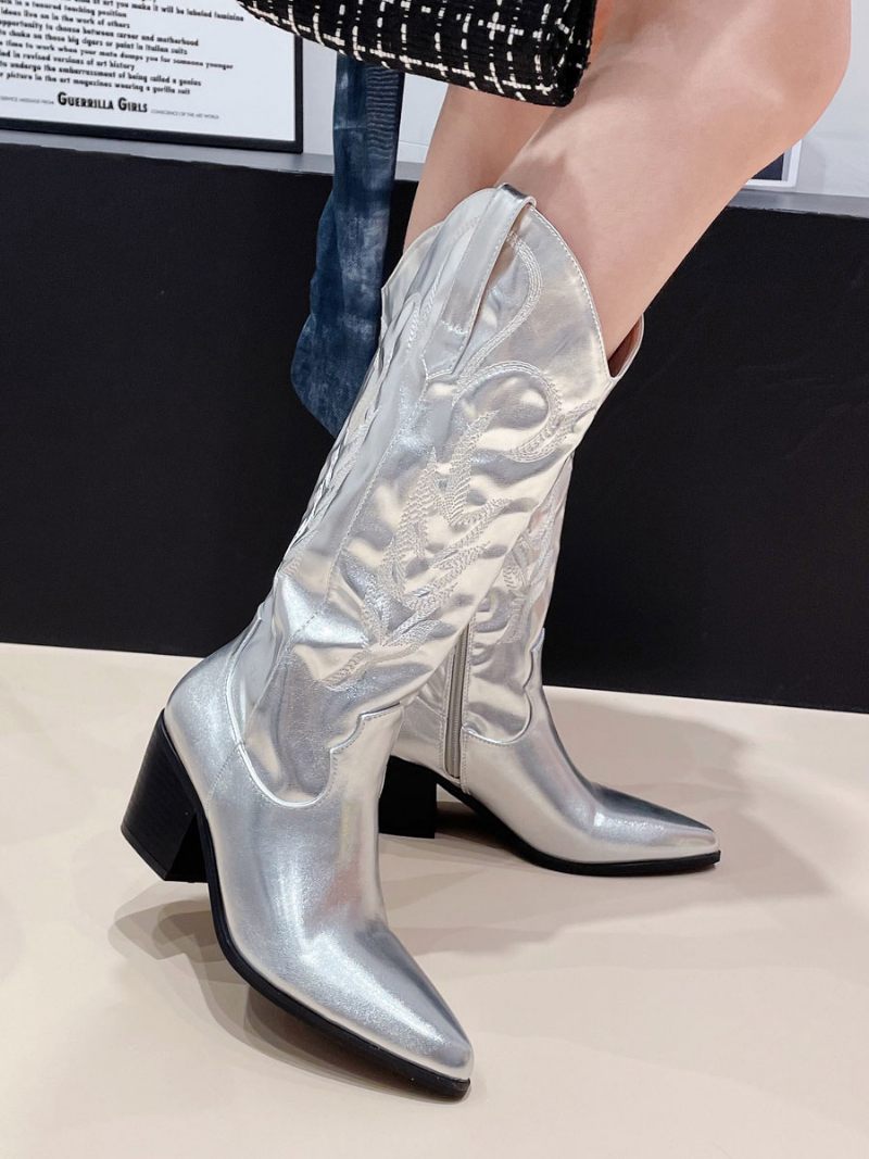 Bottes Cowboy Argentées Pour Femmes Hautes À Bout Pointu - Argent