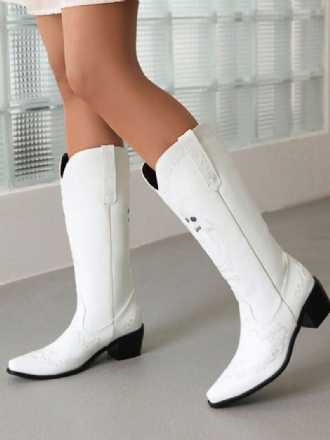 Bottes Cowboy Blanches À Bout Pointu Et Talon Chiot Mi-mollet Pour Femmes