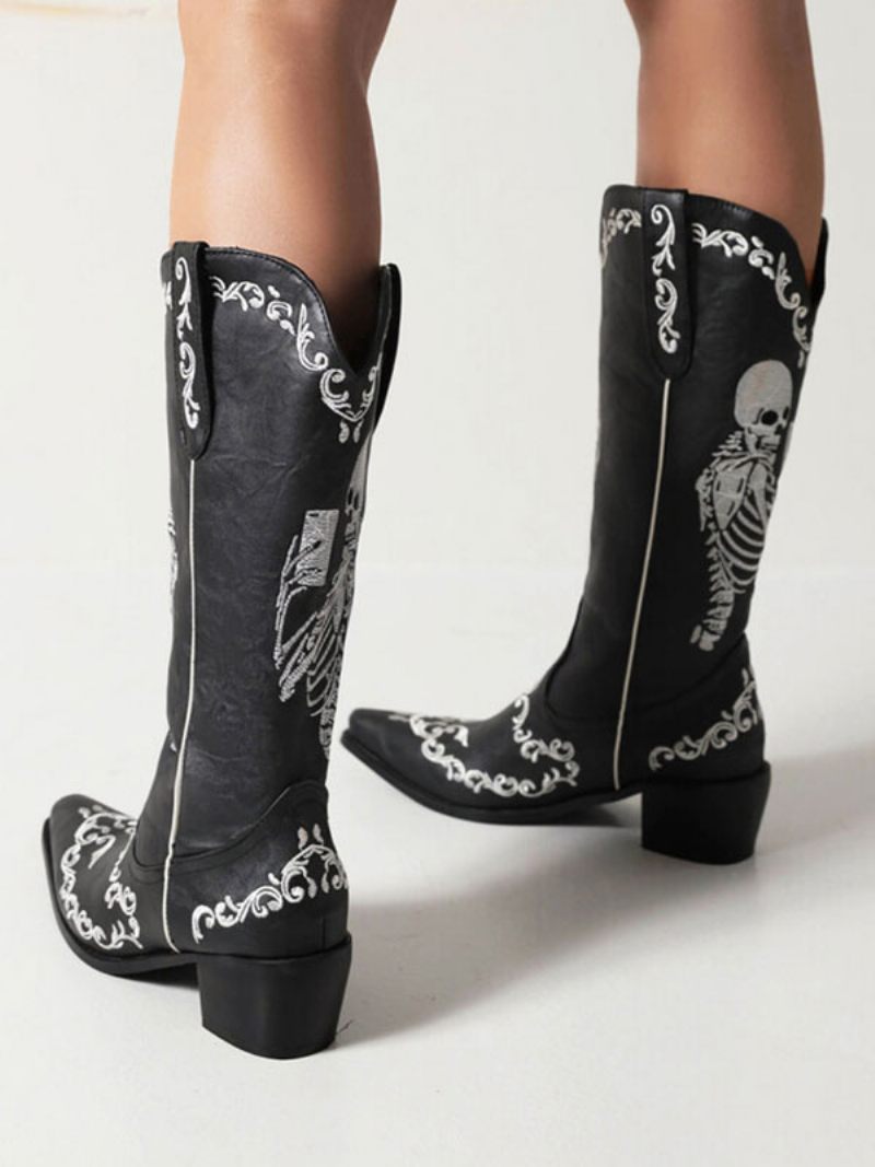 Bottes Cowboy Blanches À Bout Pointu Et Talon Chiot Mi-mollet Pour Femmes - Noir