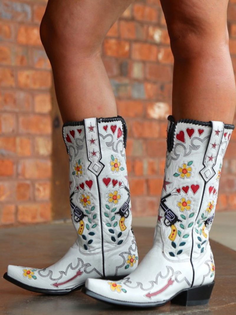 Bottes Cowboy Blanches Pour Femmes Occidentales Brodées Fleurs À Bout Pointu