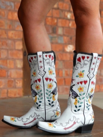 Bottes Cowboy Blanches Pour Femmes Occidentales Brodées Fleurs À Bout Pointu