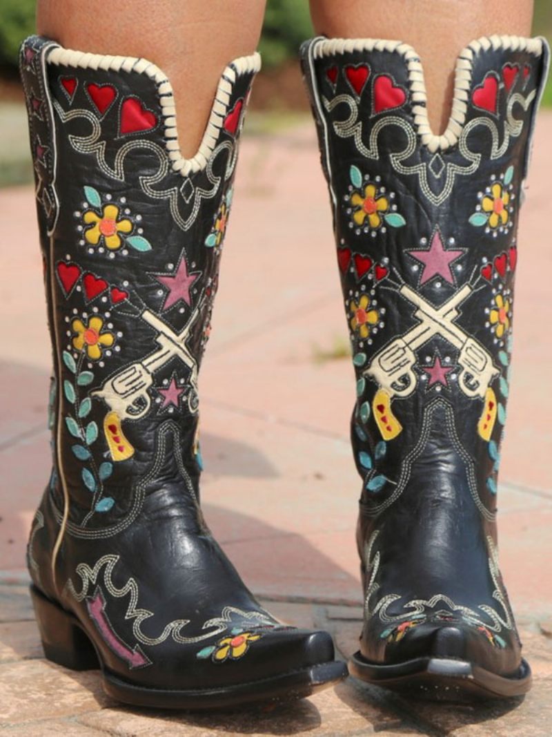 Bottes Cowboy Blanches Pour Femmes Occidentales Brodées Fleurs À Bout Pointu - Noir