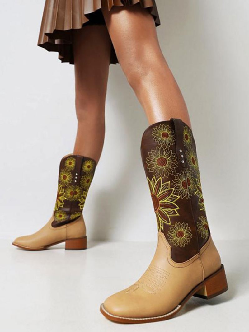 Bottes Cowboy À Bout Rond Cuir Pu Mi-mollet Talon Chiot Pour Femmes