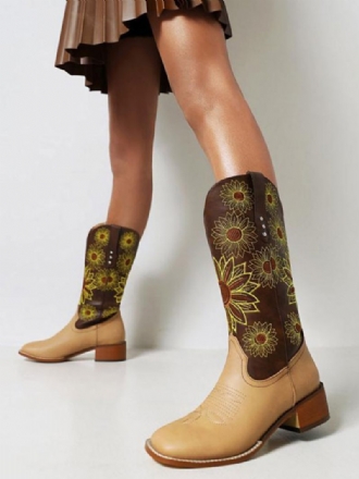 Bottes Cowboy À Bout Rond Cuir Pu Mi-mollet Talon Chiot Pour Femmes