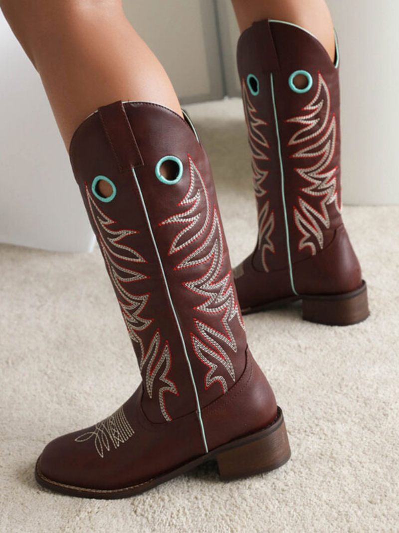 Bottes Cowboy Pour Femmes Mi-mollet À Bout Rond Marron Chaussures Mariage Cowgirl