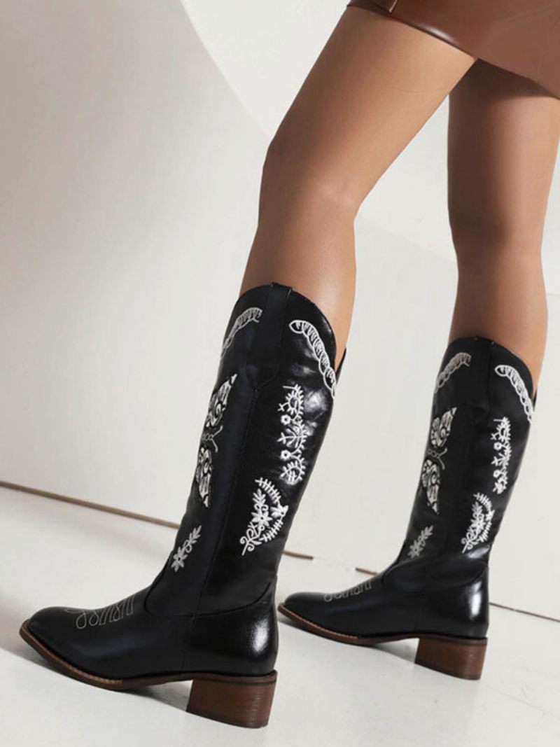 Bottes Cowboy Noires Pour Femmes Mi-mollet À Talon Chiot Chaussures Mariage