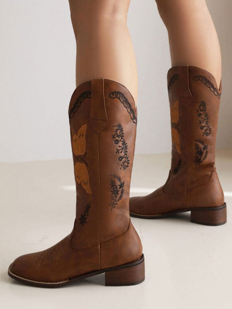 Bottes Cowboy Noires Pour Femmes Mi-mollet À Talon Chiot Chaussures Mariage - Brun Foncé