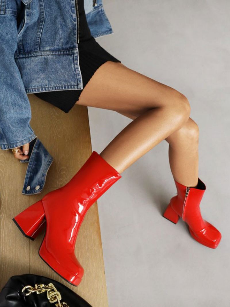 Bottes Cuir Brillant À Bout Carré Et Talon Bloc Pour Femmes - Rouge