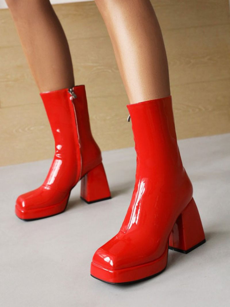 Bottes Cuir Brillant À Bout Carré Et Talon Bloc Pour Femmes - Rouge