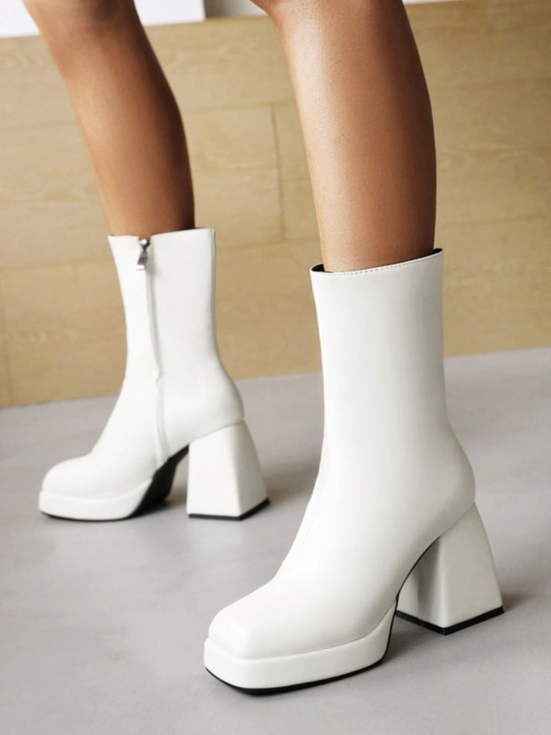 Bottes Cuir Brillant À Bout Carré Et Talon Bloc Pour Femmes - Blanc