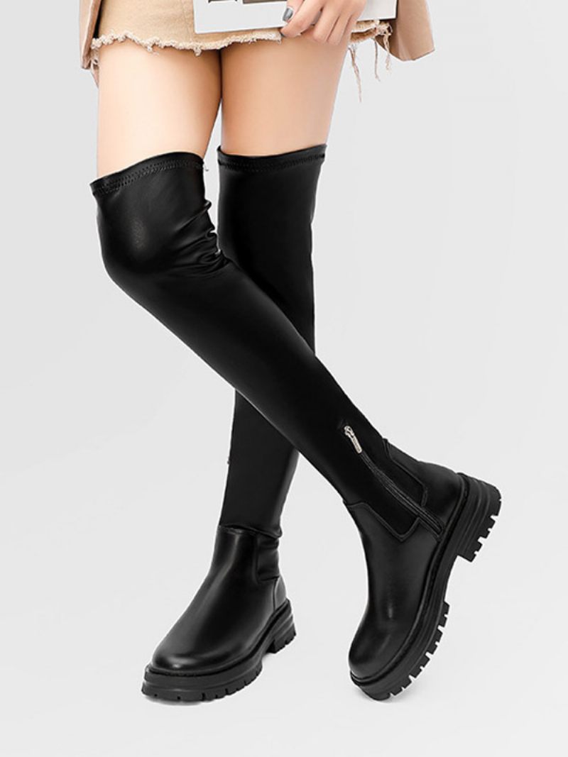 Bottes Élastiques Noires Pour Femmes Bout Rond Sur Les Genoux