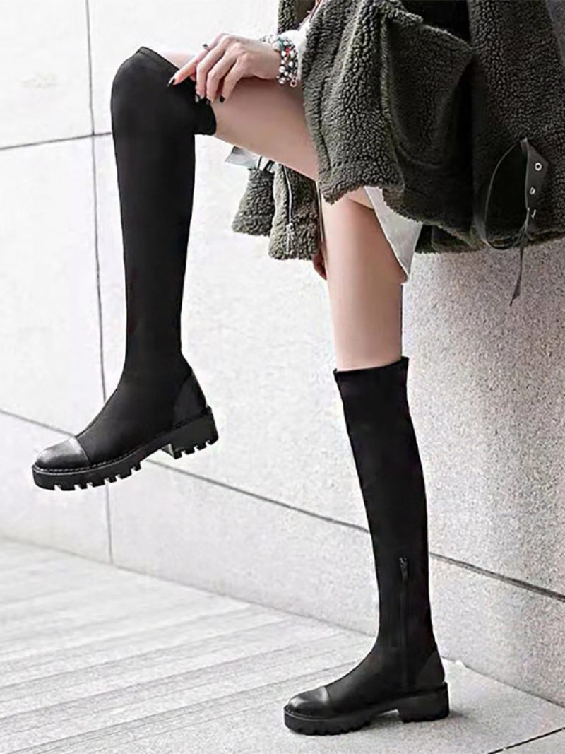 Bottes Élastiques Noires Pour Femmes Plates Patchwork Au Dessus Du Genou - Noir