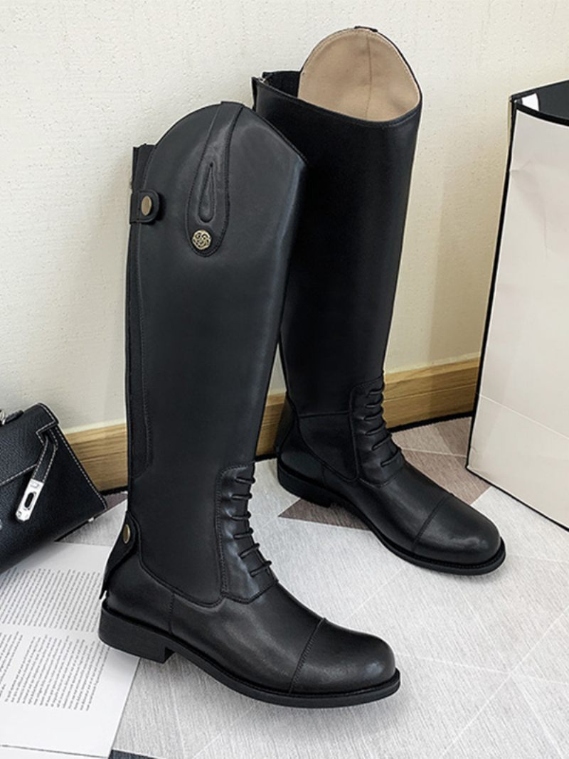 Bottes D'équitation Noires Pour Femmes Mi-mollet Plates À Bout Rond - Noir