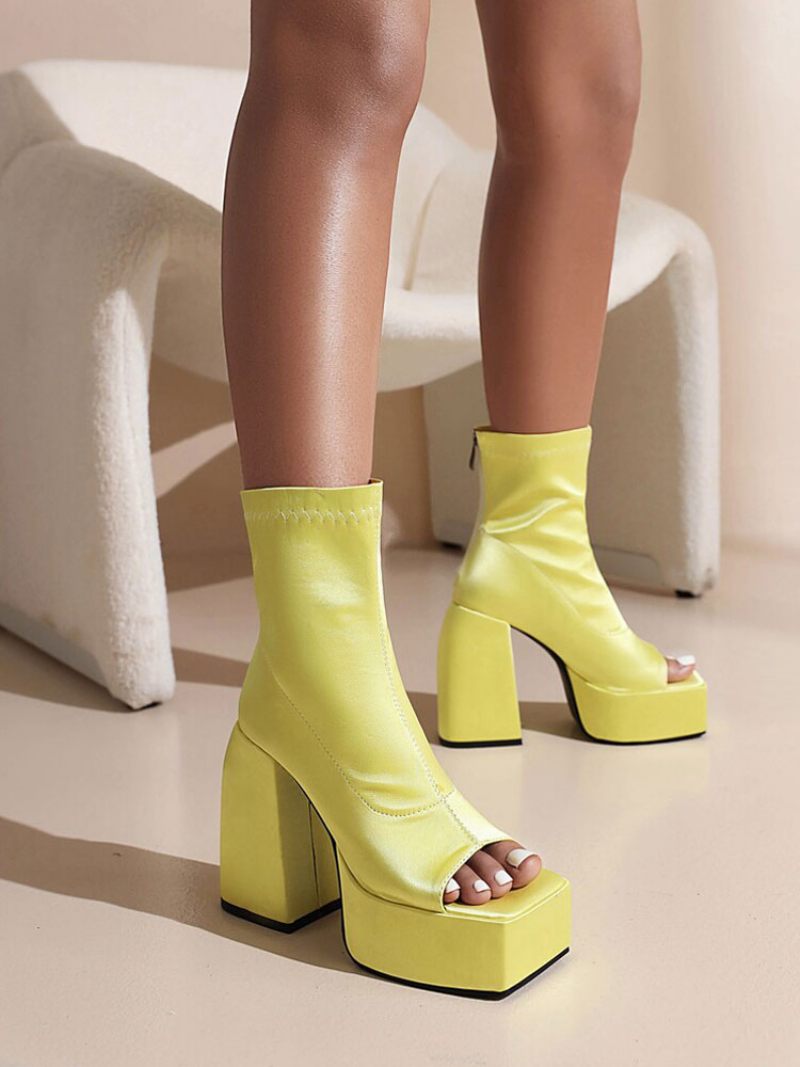 Bottes D'été À Bout Ouvert Pour Femmes Bottines Plateforme Et Talons Épais Satin - Jaune