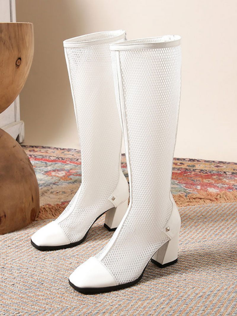 Bottes D'été À Talons Épais Et Fermeture Éclair Pour Femmes Grande Taille Cuir Verni - Blanc