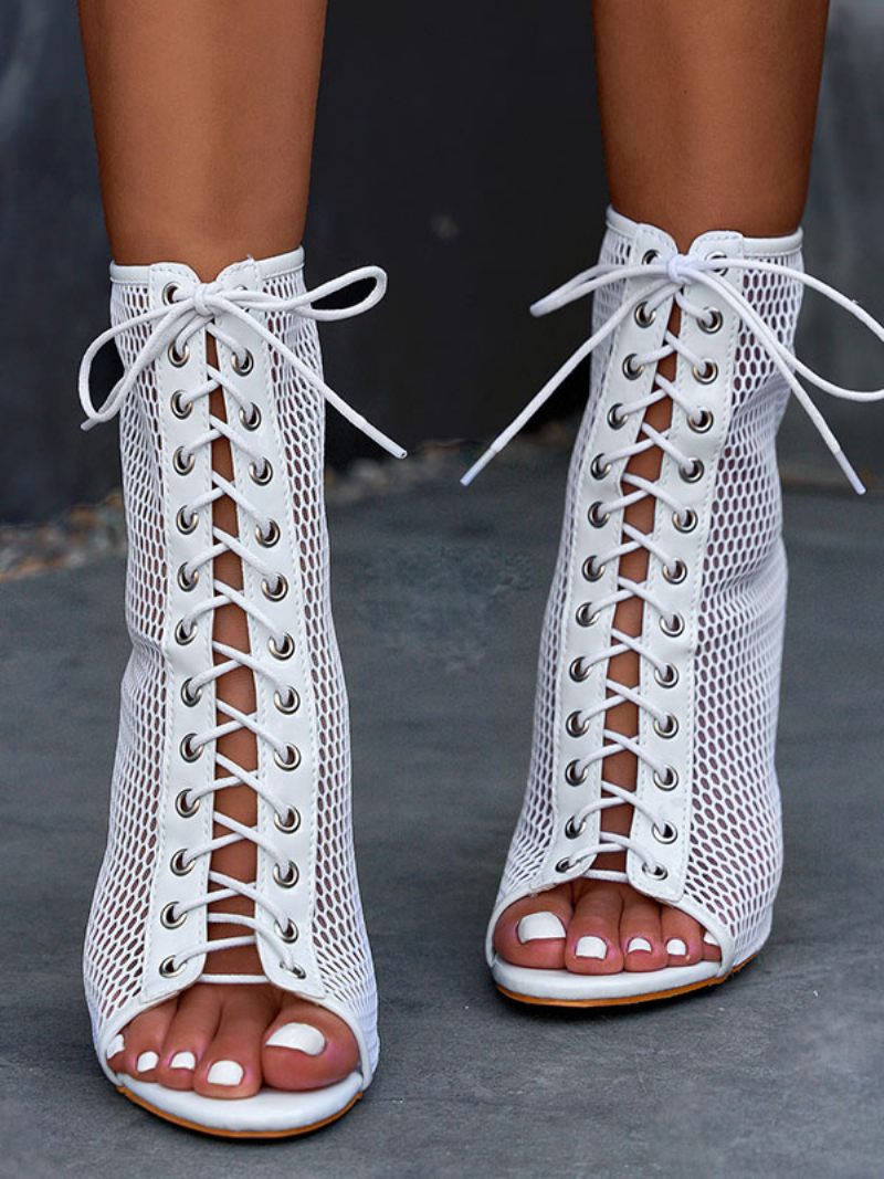 Bottes D'été À Talons Épais Maille Lacets Pour Femmes - Blanc