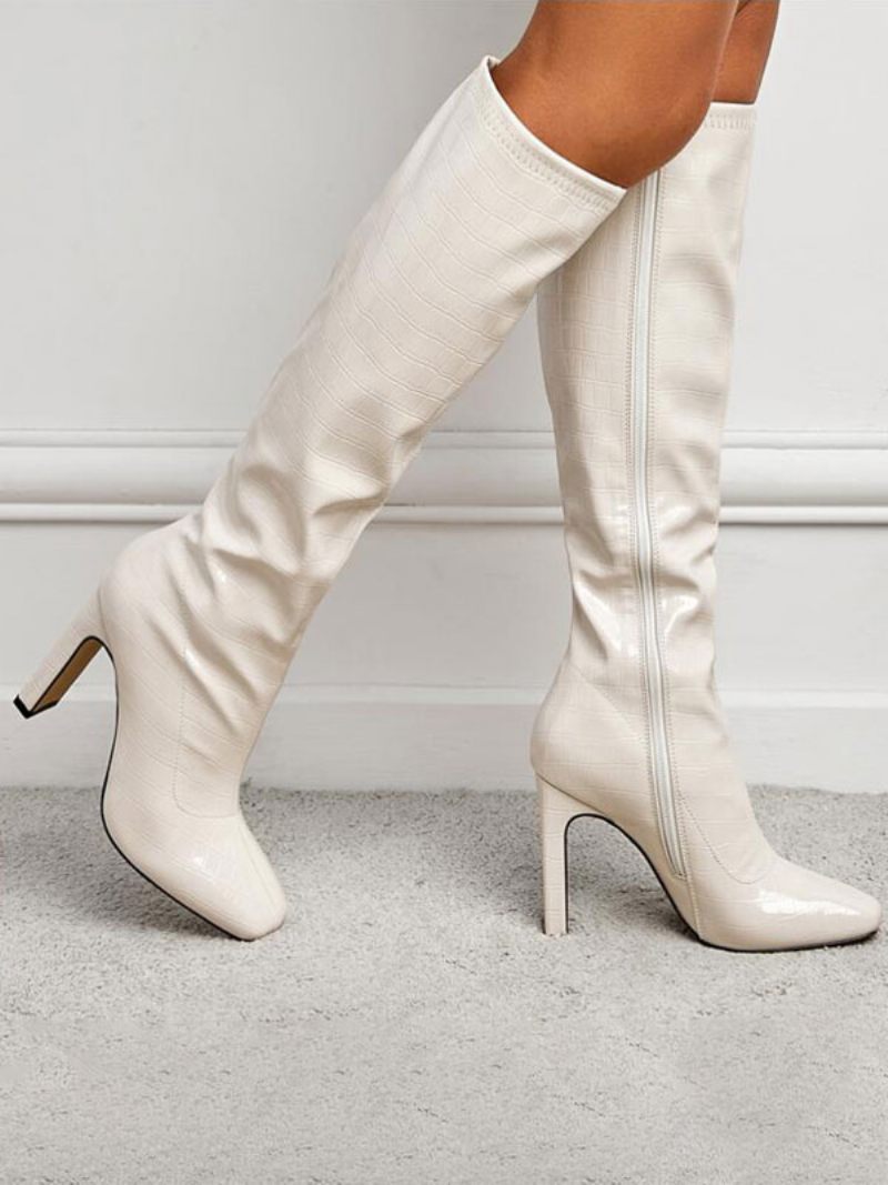 Bottes Pour Femmes À Bout Carré Et Talon Épais Cuir Pu Blanches - Blanc