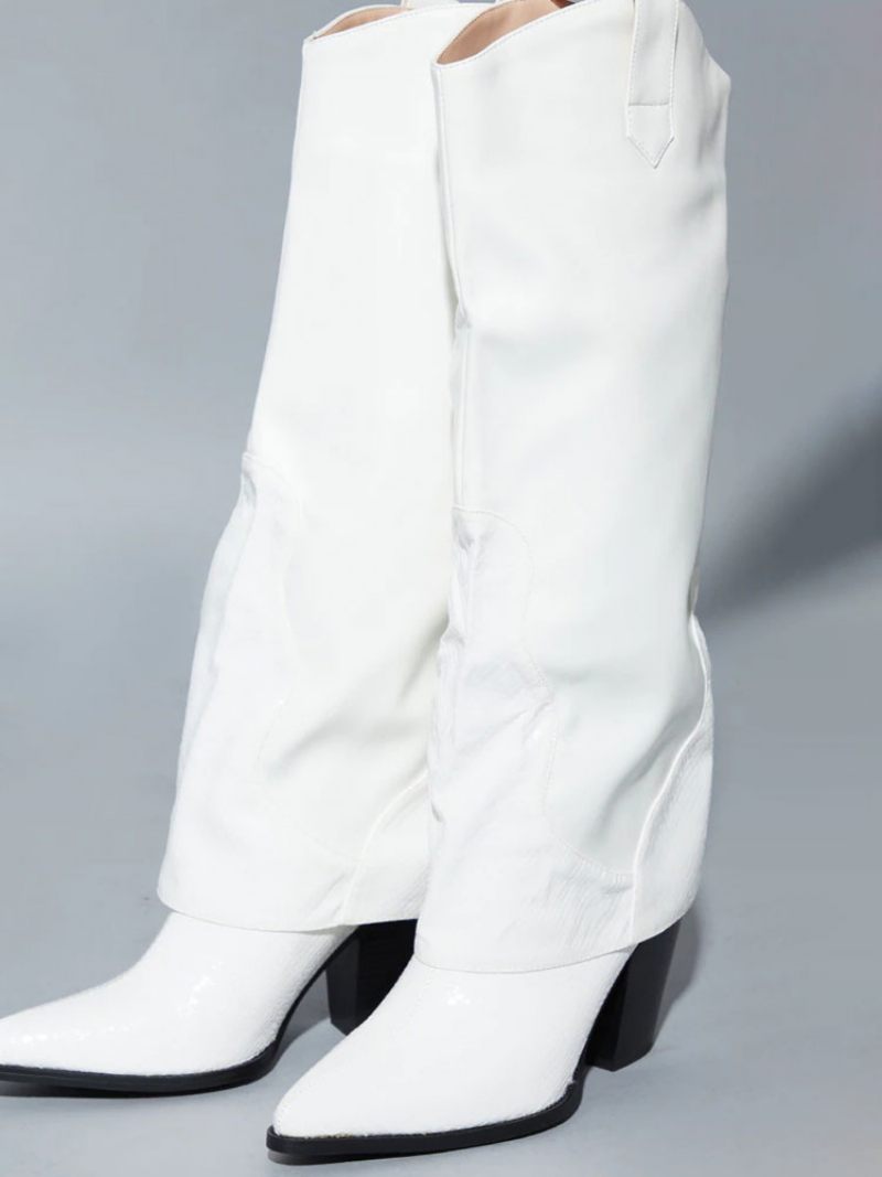 Bottes Pour Femmes À Bout Pointu Et Talon Épais Cuir Pu Hautes Noires - Blanc