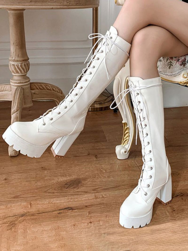 Bottes Pour Femmes Mi-mollet Blanches Bout Rond 4.5 Pouces À Nouer