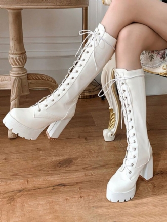 Bottes Pour Femmes Mi-mollet Blanches Bout Rond 4.5 Pouces À Nouer