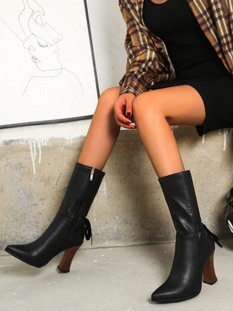 Bottes Pour Femmes Mi-mollet Noires Cuir À Bout Pointu - Noir