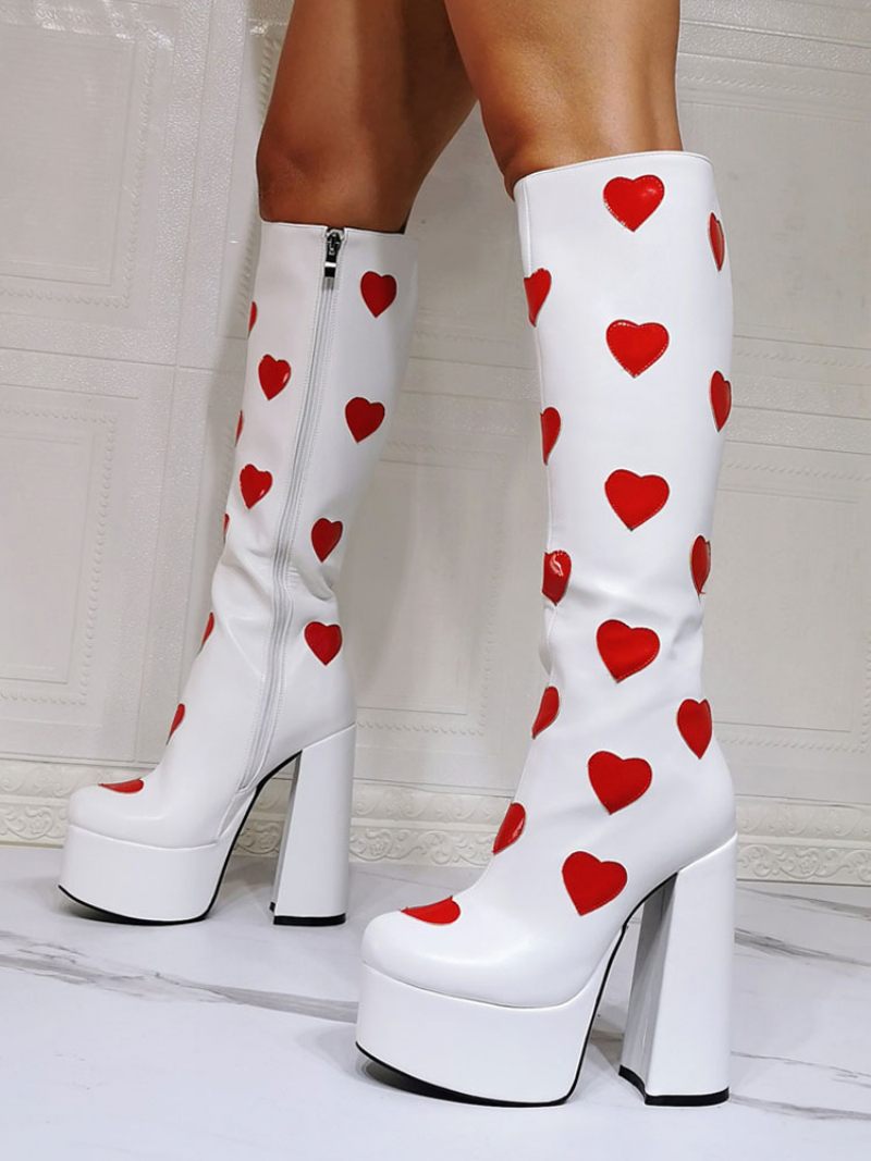 Bottes Pour Femmes À Motif Thermique Grande Taille Plateforme Bout Rond Talon Épais Hautes Blanches - Blanc