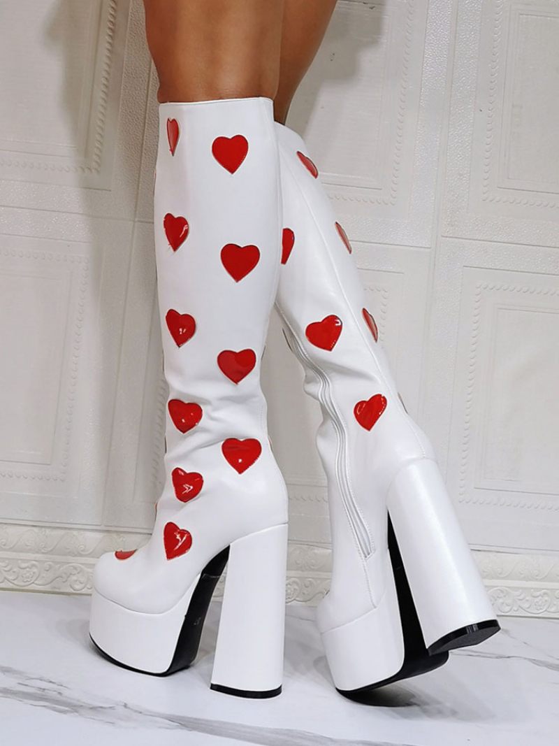 Bottes Pour Femmes À Motif Thermique Grande Taille Plateforme Bout Rond Talon Épais Hautes Blanches - Blanc