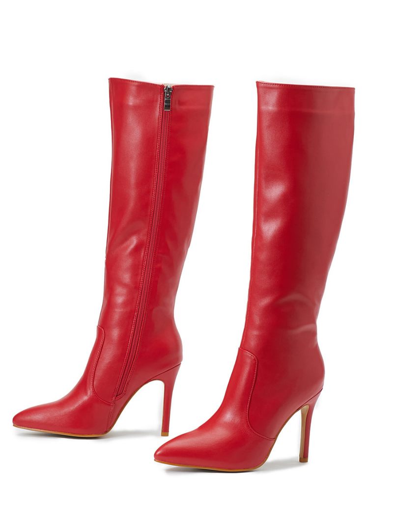 Bottes Pour Femmes Talon Aiguille Bout Pointu Cuir Pu Hautes Rouges - Rouge