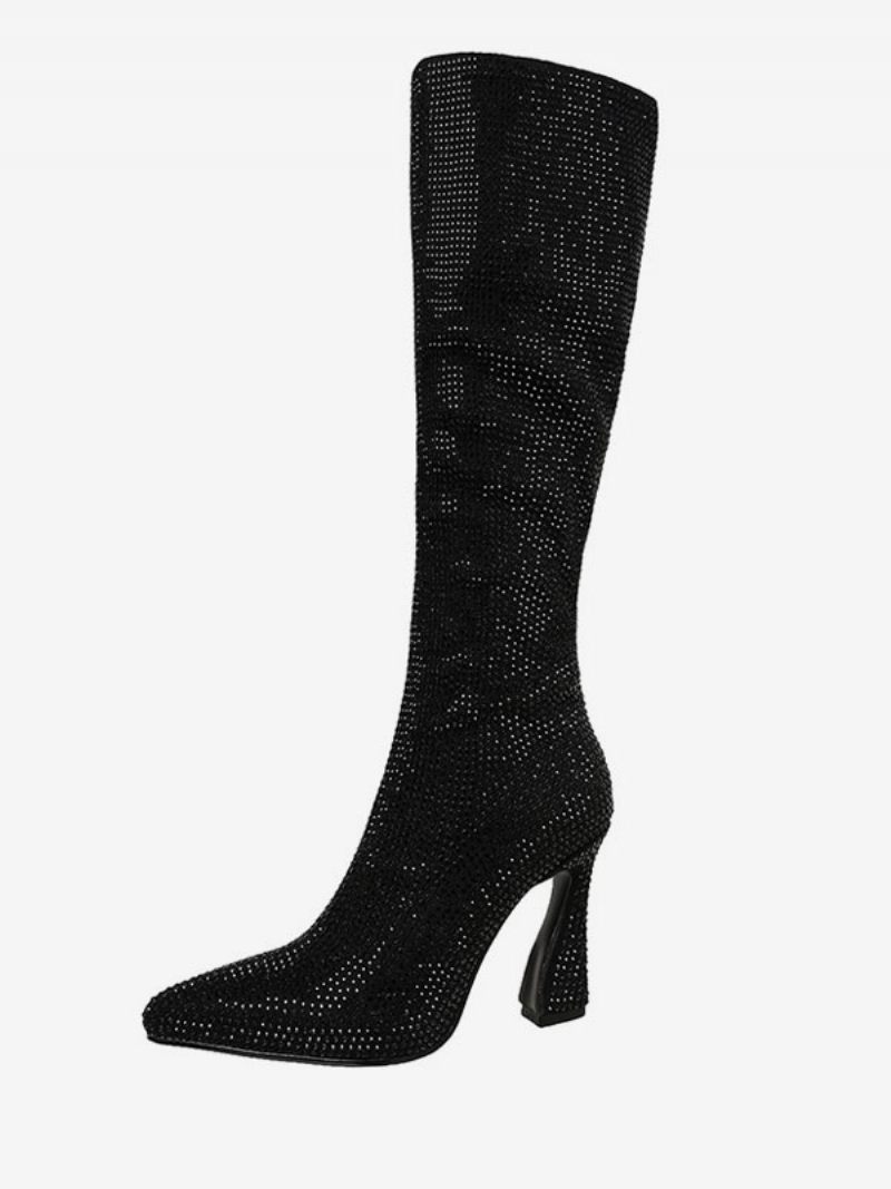 Bottes Hautes Argentées Pour Femmes Fête À Bout Pointu Avec Strass Et Talon Bobine - Noir