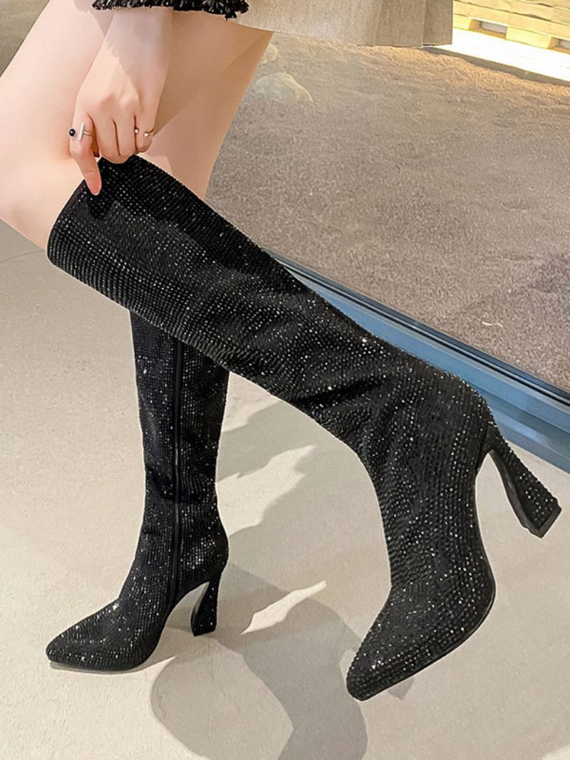 Bottes Hautes Argentées Pour Femmes Fête À Bout Pointu Avec Strass Et Talon Bobine - Noir