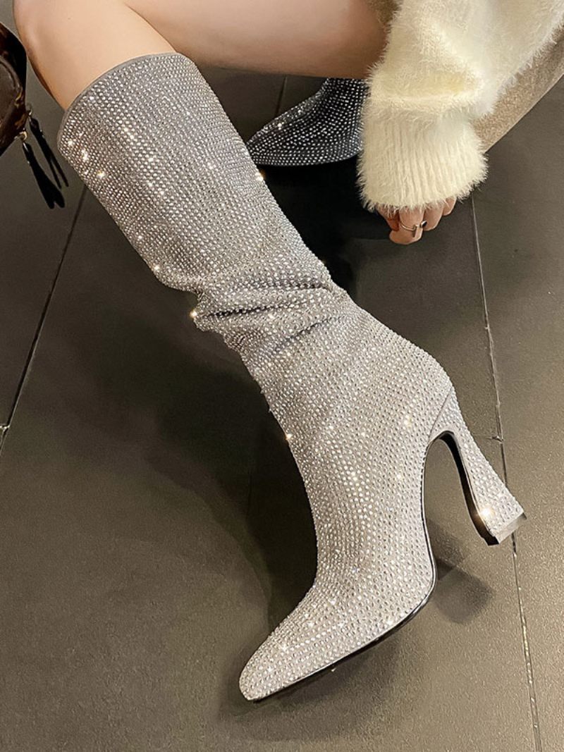 Bottes Hautes Argentées Pour Femmes Fête À Bout Pointu Avec Strass Et Talon Bobine - Argent