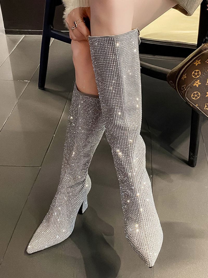 Bottes Hautes Argentées Pour Femmes Fête À Bout Pointu Avec Strass Et Talon Bobine - Argent