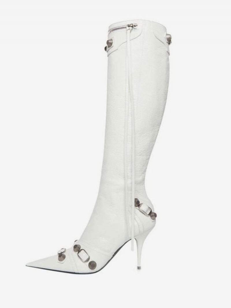 Bottes Hautes Au Genou Pour Femmes Classiques Bout Pointu Talons Aiguilles Clous Boucle Vintage - Blanc