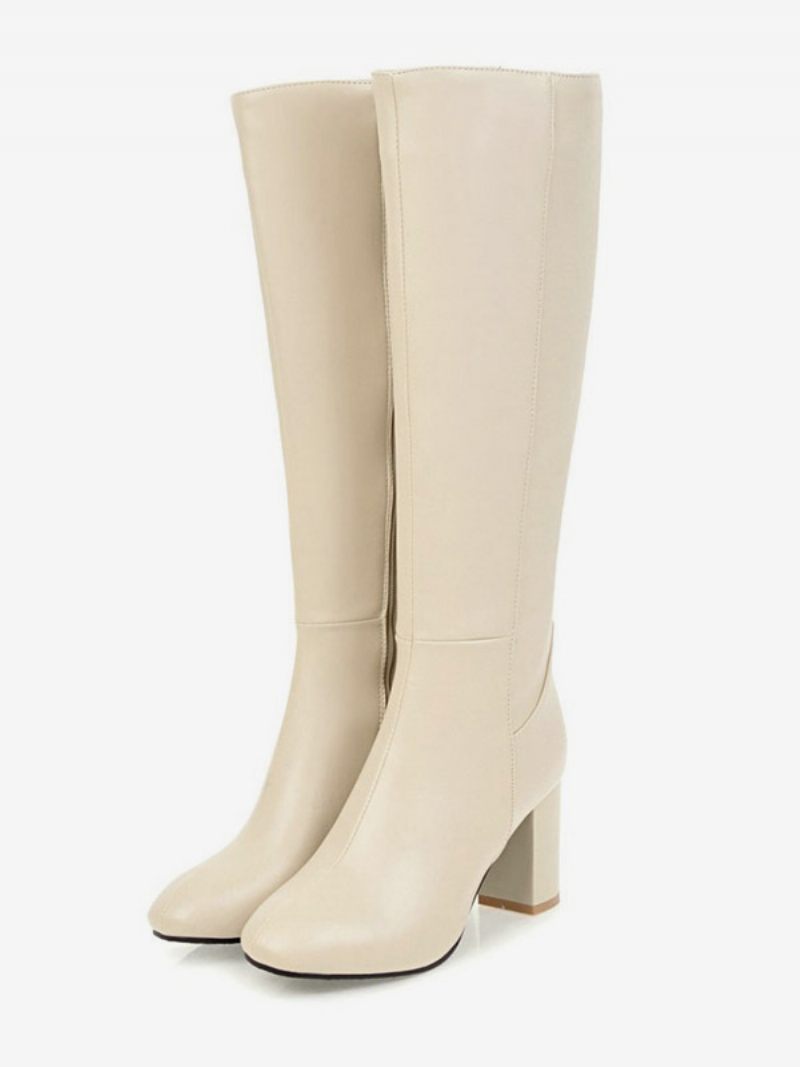 Bottes Hautes Au Genou Pour Femmes D'équitation À Bout Rond Et Talon Bloc - Beige