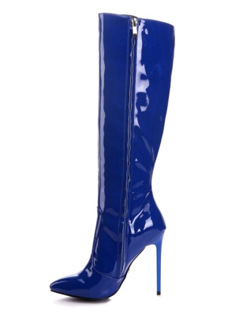 Bottes Hautes Au Genou Pour Femmes D'hiver Cuir Verni Bleu À Bout Pointu Et Talon Aiguille Décontractées Brillantes